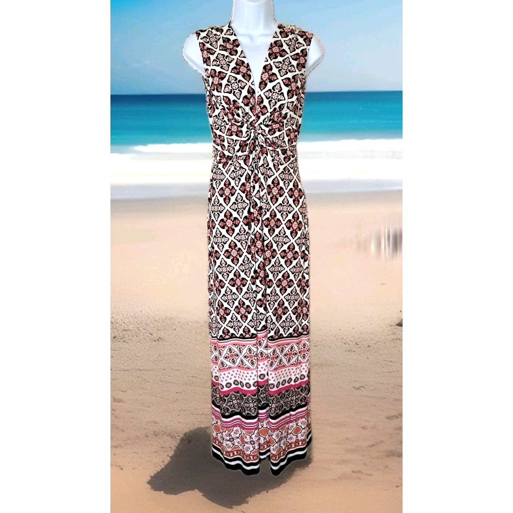 White House Black Market Maxi Dress M Geometric Print V Twist Front‎ Sleeveless